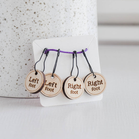 Set of 4 Removable Stitch Markers - Left Foot and Right Foot - Laser Engraved Wood Stitch Markers, Sock Stitch Markers - Birch