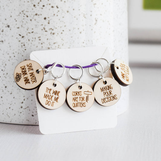 Set of 5 Stitch Markers, Wine, Laser Engraved Wood Stitch Markers, Funny Wine Sayings, Making Pour Decisions, Corks are for Quitters