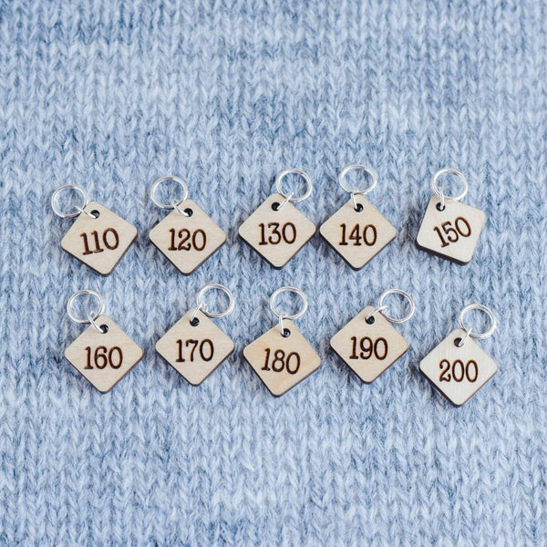 Set of 10 Stitch Markers - 110-200 - Cast On Counting Numbers, Laser Engraved Wood Stitch Markers, Counting Stitch Markers