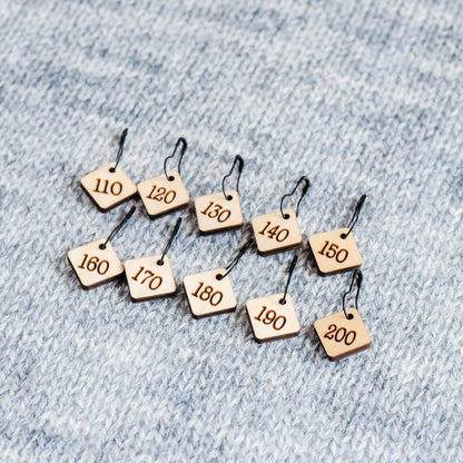 Set of 10 Removable Stitch Markers - 110-200 - Cast On Counting Numbers, Laser Engraved Wood Stitch Markers, Counting Stitch Markers - Birch