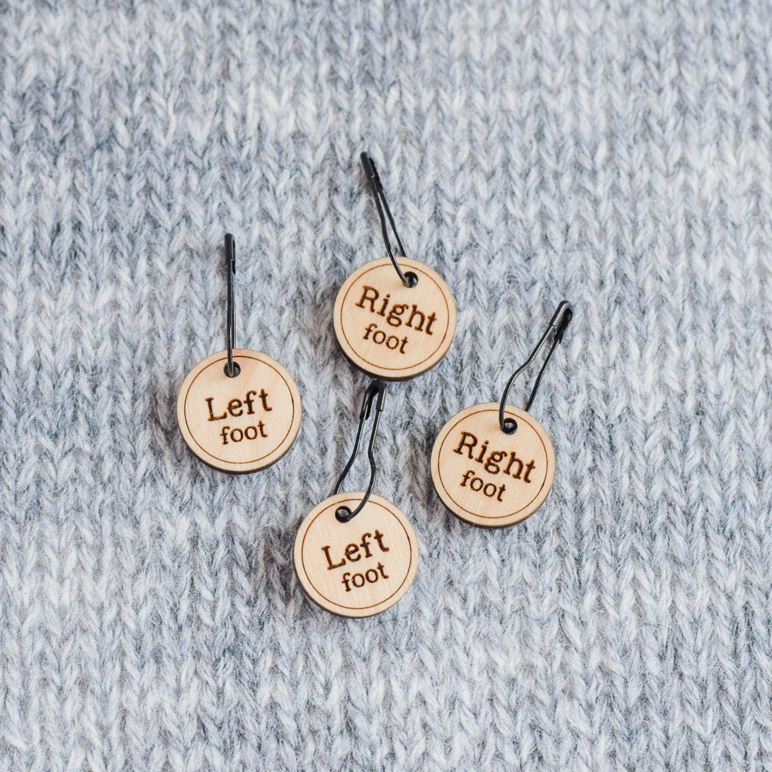 Set of 4 Removable Stitch Markers - Left Foot and Right Foot - Laser Engraved Wood Stitch Markers, Sock Stitch Markers - Birch