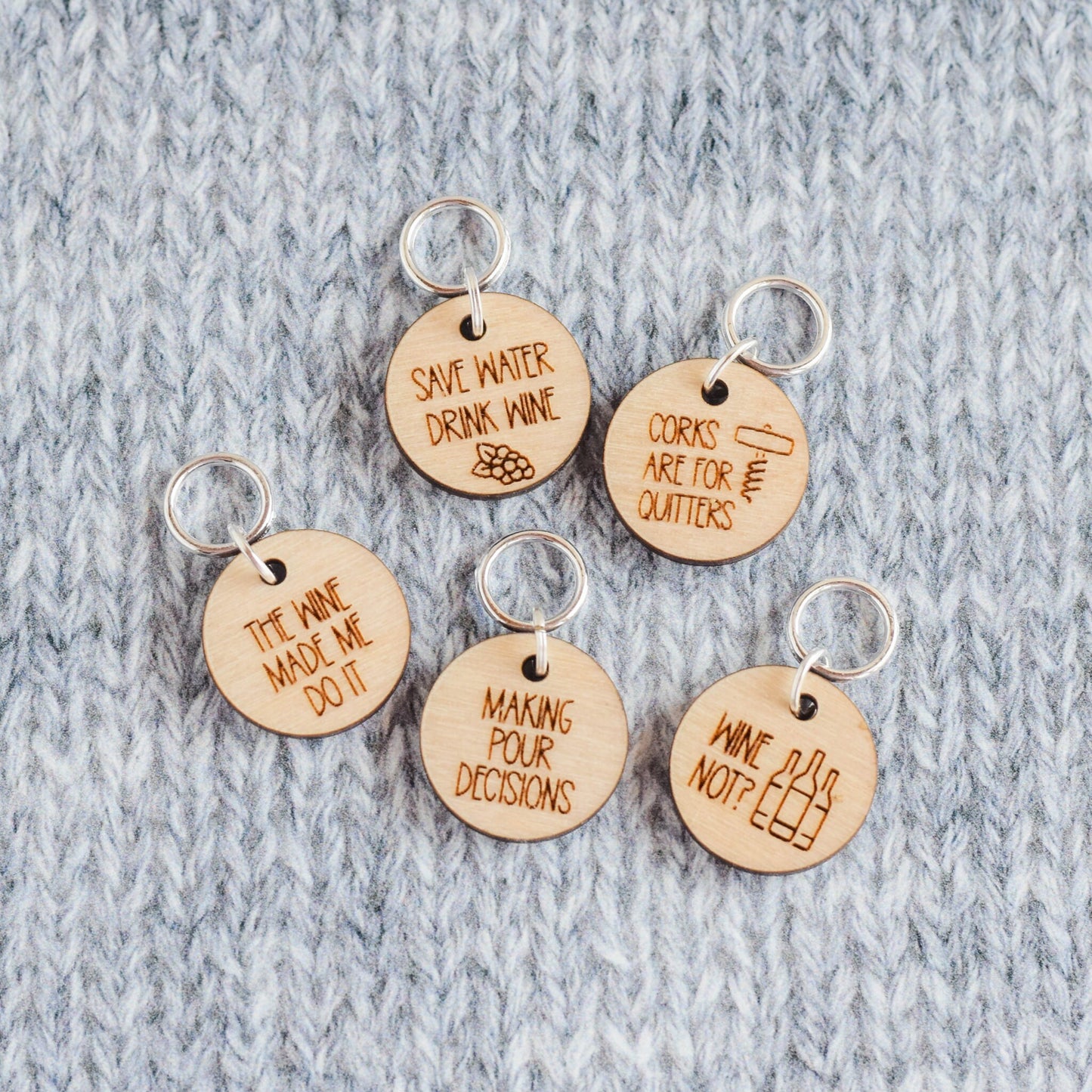 Set of 5 Stitch Markers, Wine, Laser Engraved Wood Stitch Markers, Funny Wine Sayings, Making Pour Decisions, Corks are for Quitters