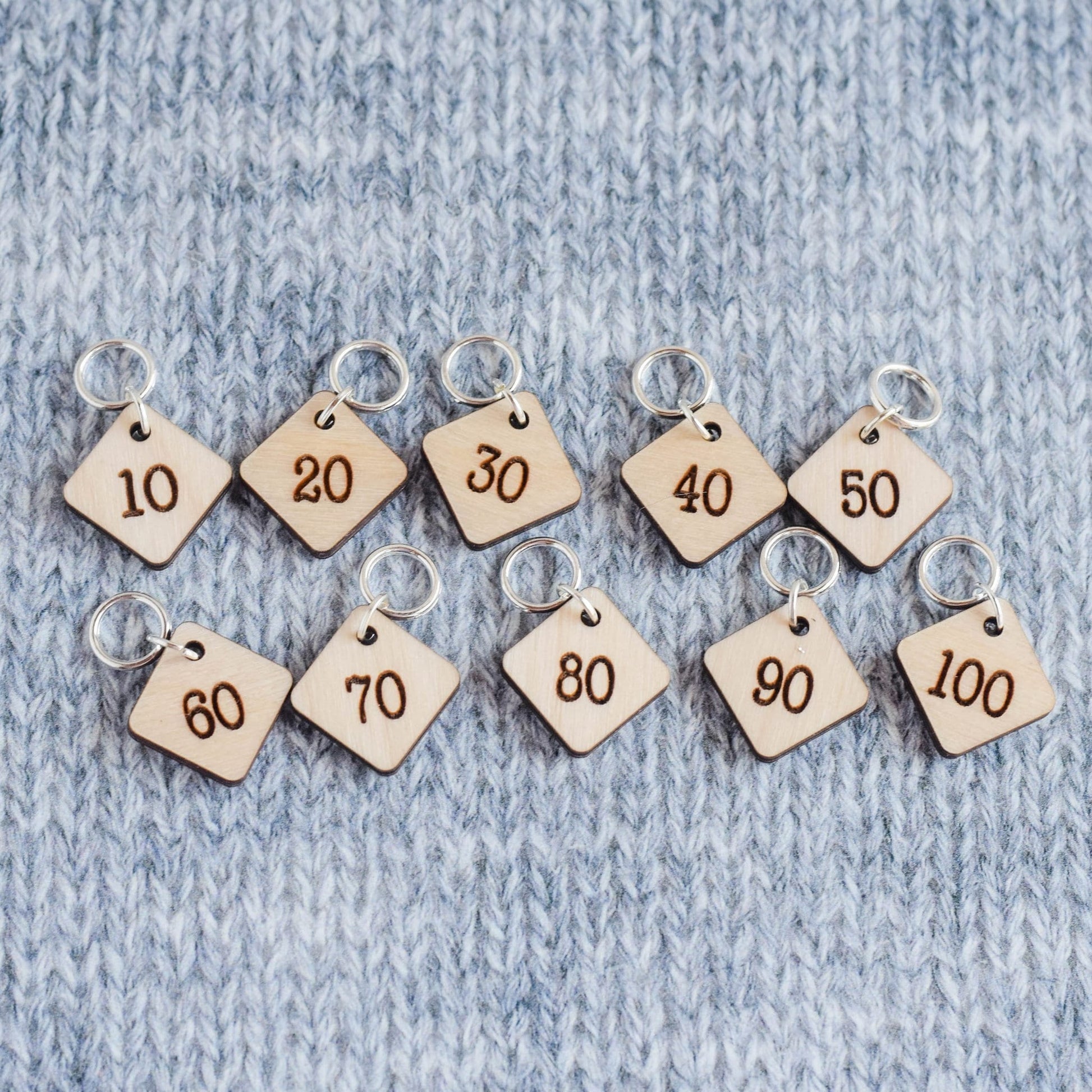 Set of 10 Stitch Markers - 10-100 - Cast On Counting Numbers, Laser Engraved Wood Stitch Markers, Counting Stitch Markers
