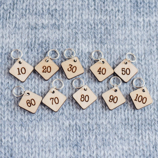 Set of 10 Stitch Markers - 10-100 - Cast On Counting Numbers, Laser Engraved Wood Stitch Markers, Counting Stitch Markers