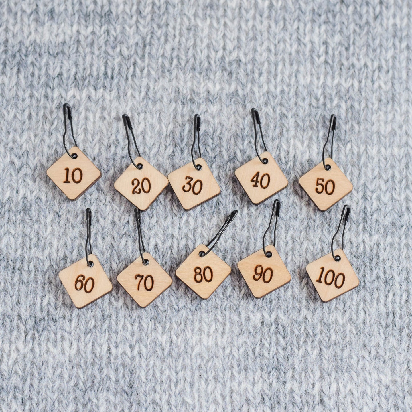 Set of 10 Removable Stitch Markers - 10-100 - Cast On Counting Numbers, Laser Engraved Wood Stitch Markers, Counting Stitch Markers - Birch