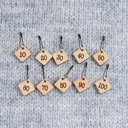 Set of 10 Removable Stitch Markers - 10-100 - Cast On Counting Numbers, Laser Engraved Wood Stitch Markers, Counting Stitch Markers - Birch