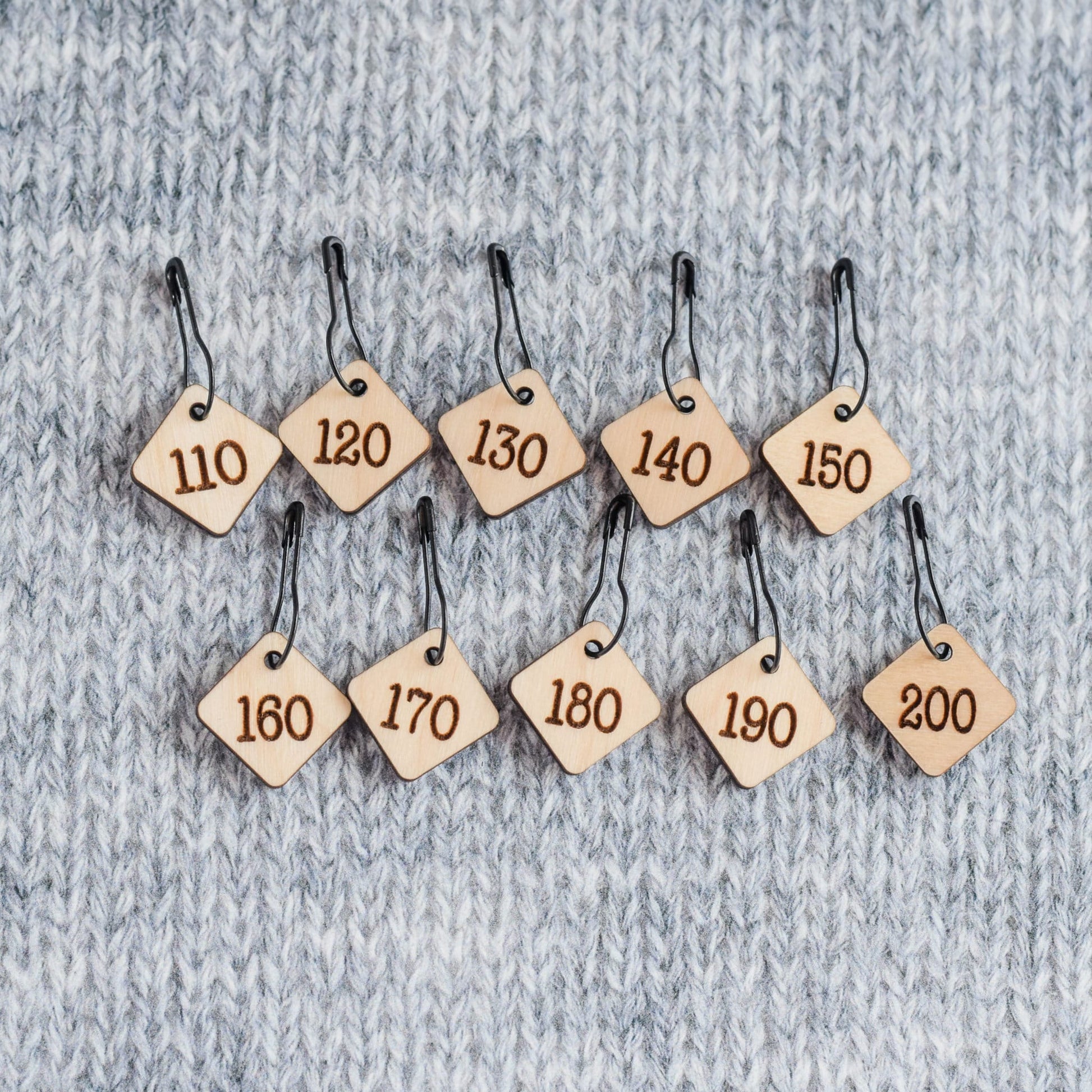 Set of 10 Removable Stitch Markers - 110-200 - Cast On Counting Numbers, Laser Engraved Wood Stitch Markers, Counting Stitch Markers - Birch