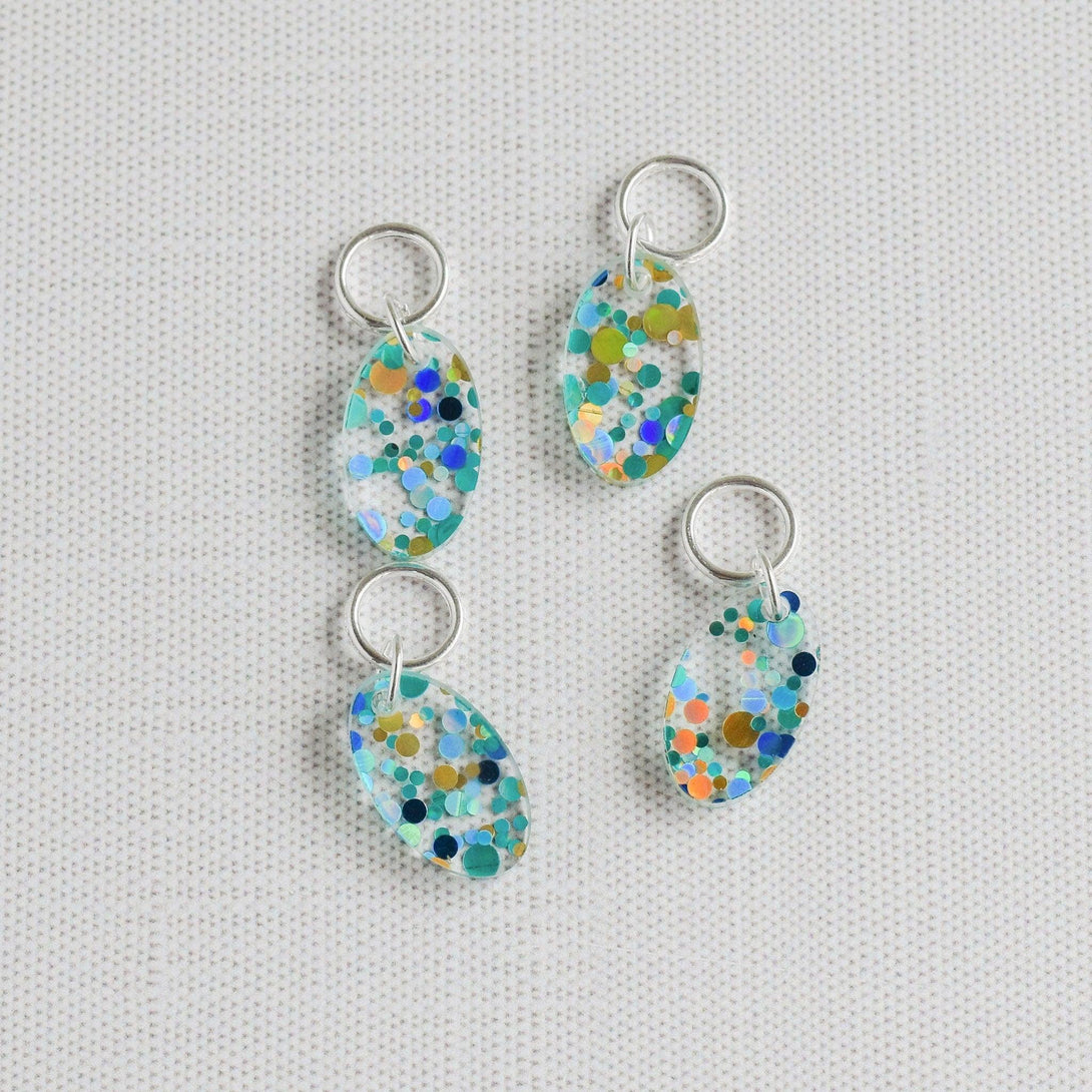 Set of 4 Confetti Acrylic Stitch Markers - Teal Dots - Blue and Gold, Glitter Confetti Markers, Laser Engraved Acrylic Stitch Markers