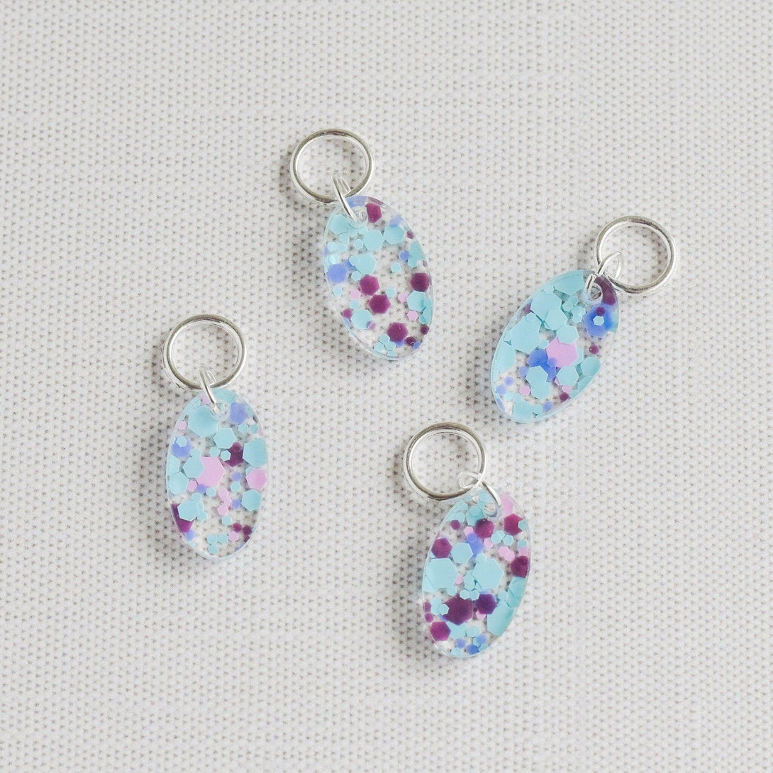 Set of 4 Confetti Acrylic Stitch Markers - Unicorn Dots - Purple and Aqua, Glitter Confetti Markers, Laser Engraved Acrylic Stitch Markers