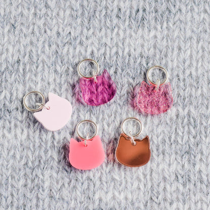 Set of 5 Cat Stitch Markers - Pinks - Cat Markers, Laser Engraved Acrylic Stitch Markers, Pink Mirror Glitter Acrylic Stitch Markers