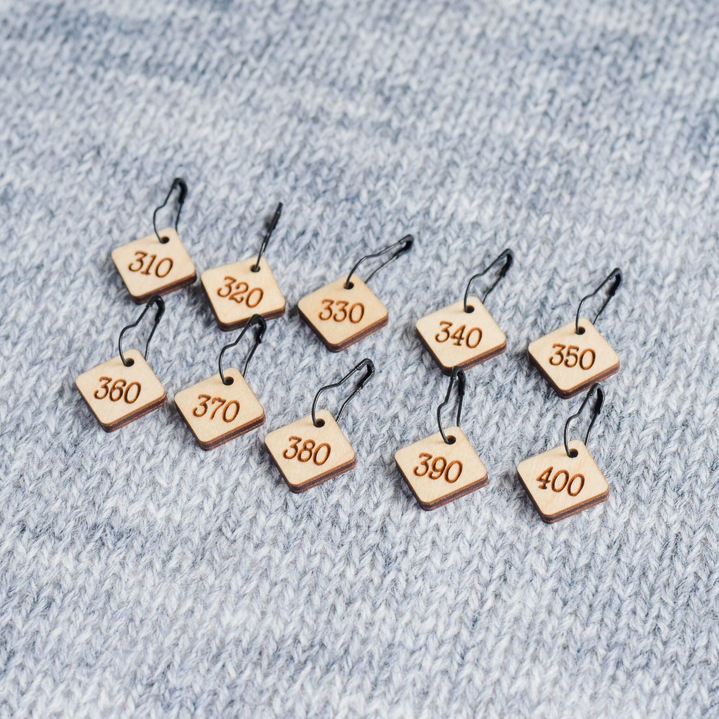 Set of 10 Removable Stitch Markers - 310-400 - Cast On Counting Numbers, Laser Engraved Wood Stitch Markers, Counting Stitch Markers - Birch
