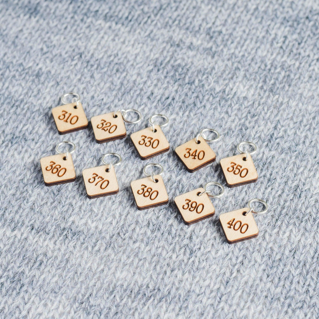 Set of 10 Stitch Markers - 310-400 - Cast On Counting Numbers, Laser Engraved Wood Stitch Markers, Counting Stitch Markers