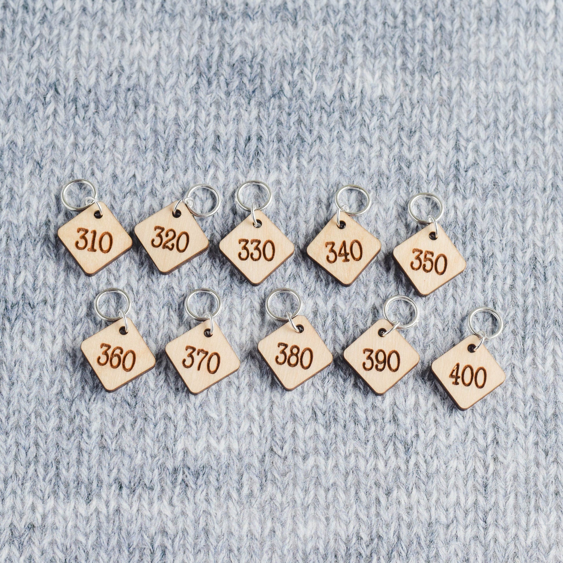 Set of 10 Stitch Markers - 310-400 - Cast On Counting Numbers, Laser Engraved Wood Stitch Markers, Counting Stitch Markers