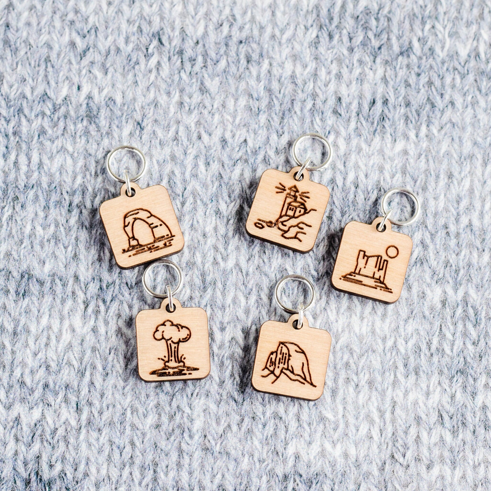 Set of 5 Stitch Markers, National Parks, Laser Engraved Wood Stitch Markers, Yellowstone, America, Lighthouse