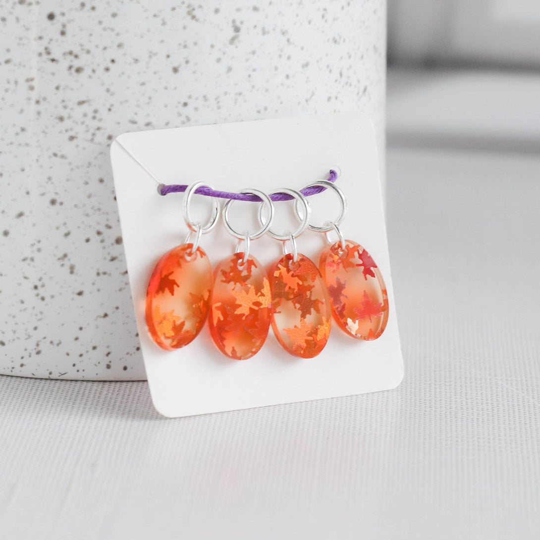 Set of 4 Confetti Acrylic Stitch Markers - Fall Leaves - Autumn, Glitter Confetti Markers, Laser Engraved Acrylic Stitch Markers