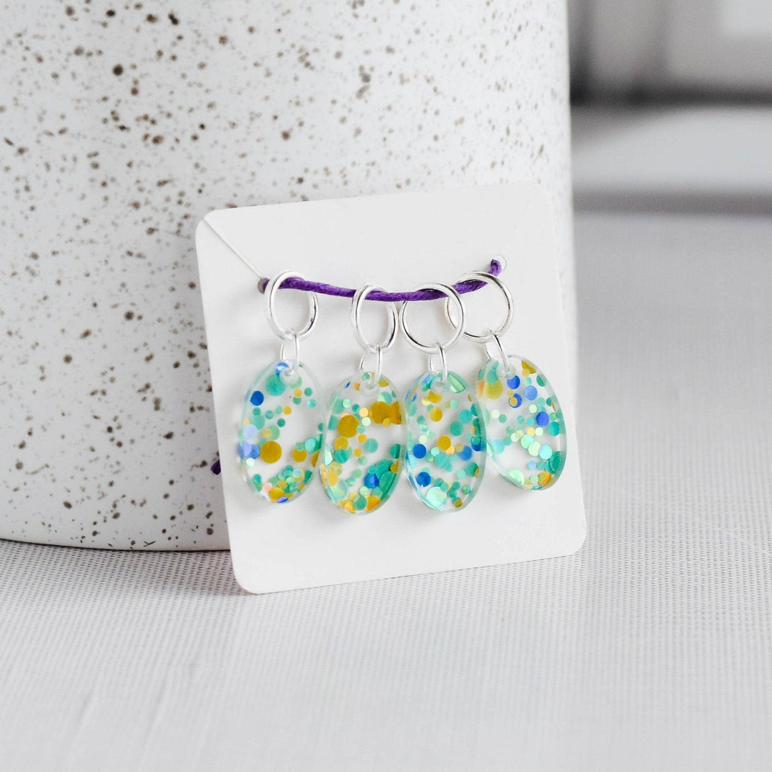 Set of 4 Confetti Acrylic Stitch Markers - Teal Dots - Blue and Gold, Glitter Confetti Markers, Laser Engraved Acrylic Stitch Markers