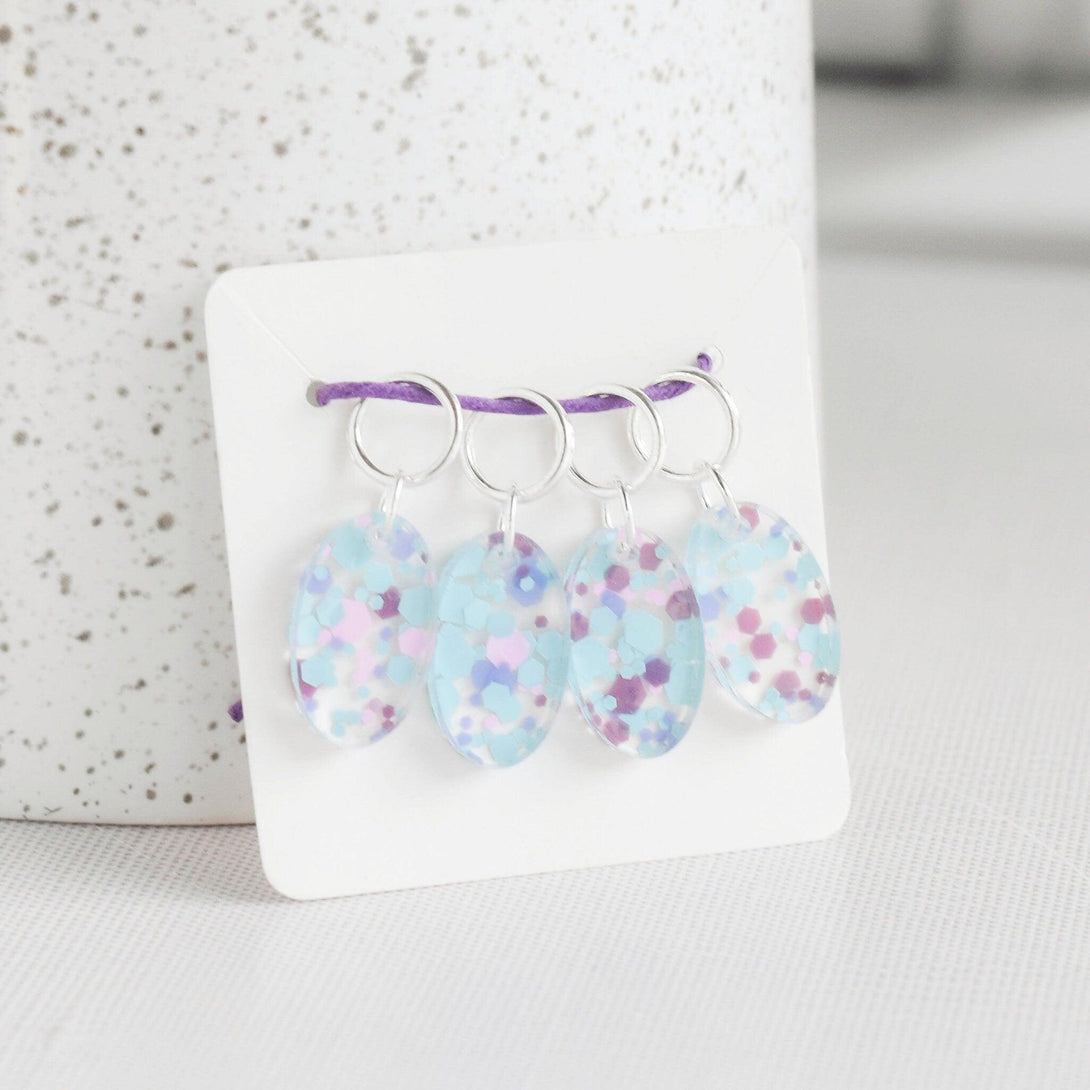 Set of 4 Confetti Acrylic Stitch Markers - Unicorn Dots - Purple and Aqua, Glitter Confetti Markers, Laser Engraved Acrylic Stitch Markers