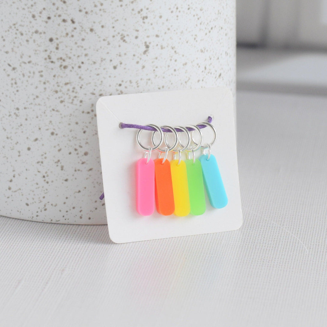 Set of 5 Stitch Markers, Bright Rainbow Bar Stick Markers, Laser Engraved Acrylic Stitch Markers, Rainbow Acrylic Stitch Markers