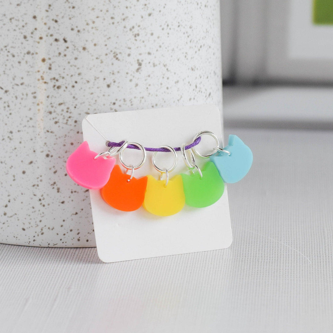 Set of 5 Cat Stitch Markers - Bright Rainbow - Cat Markers, Laser Engraved Acrylic Stitch Markers, Rainbow Acrylic Stitch Markers