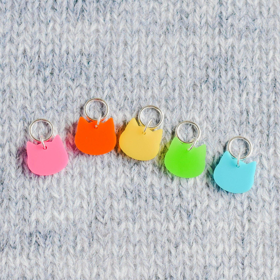 Set of 5 Cat Stitch Markers - Bright Rainbow - Cat Markers, Laser Engraved Acrylic Stitch Markers, Rainbow Acrylic Stitch Markers