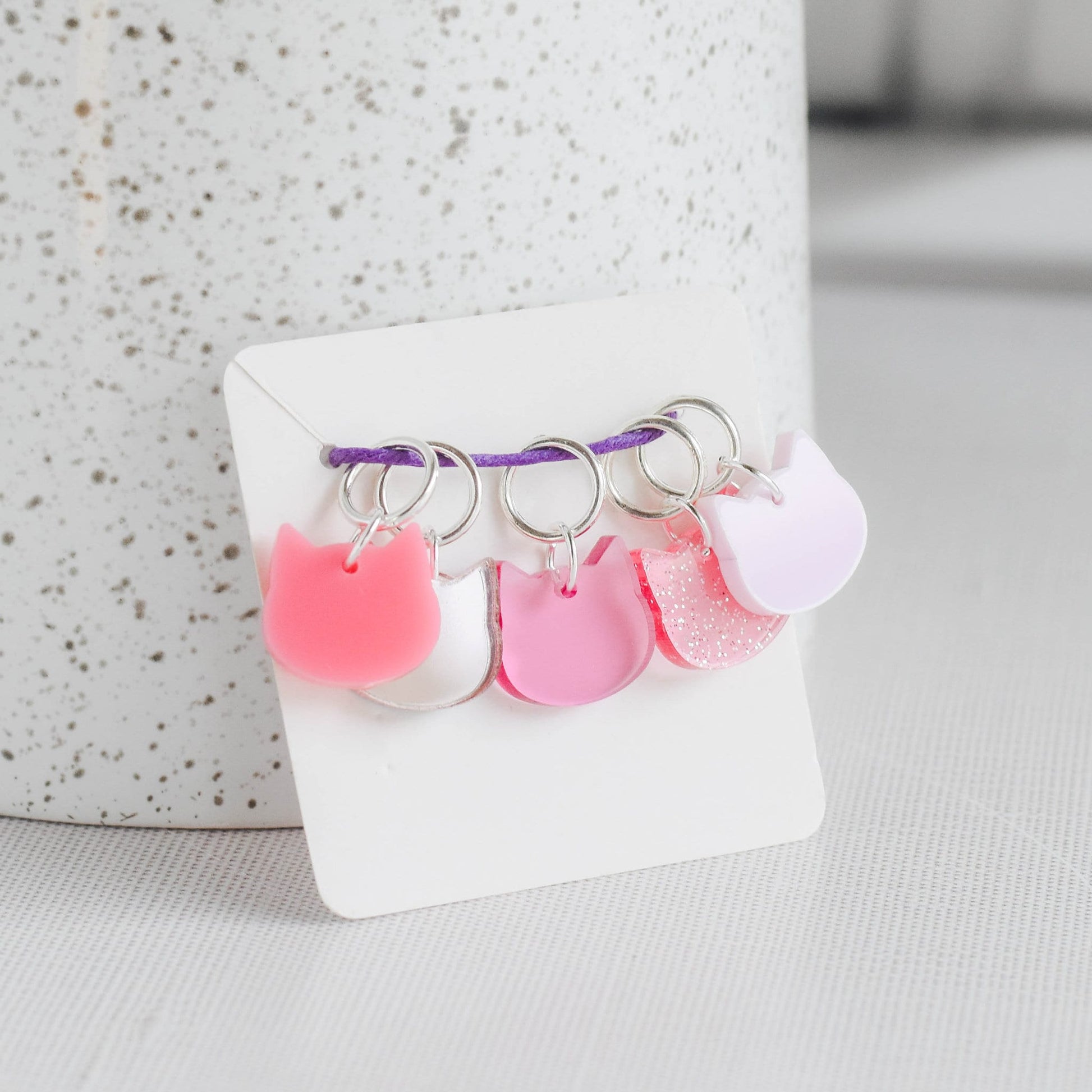 Set of 5 Cat Stitch Markers - Pinks - Cat Markers, Laser Engraved Acrylic Stitch Markers, Pink Mirror Glitter Acrylic Stitch Markers