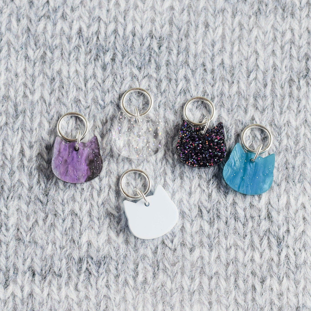 Set of 5 Cat Stitch Markers - Galaxy - Cat Markers, Laser Engraved Acrylic Stitch Markers, Purple and Blue Acrylic Stitch Markers