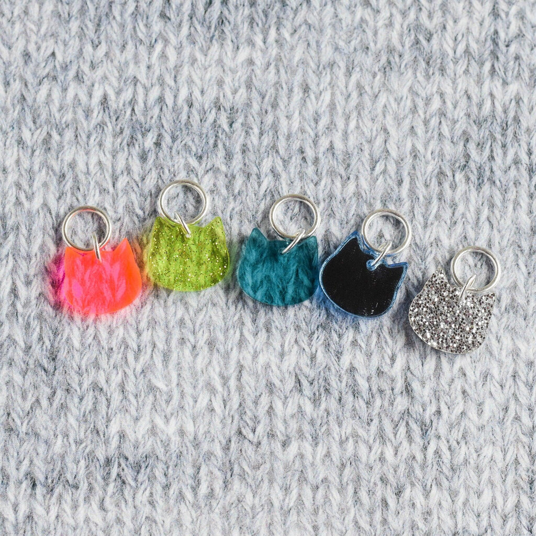 Set of 5 Cat Stitch Markers - Jennifer - Cat Markers, Laser Engraved Acrylic Stitch Markers, Pink, Green, Mirror Acrylic Stitch Markers