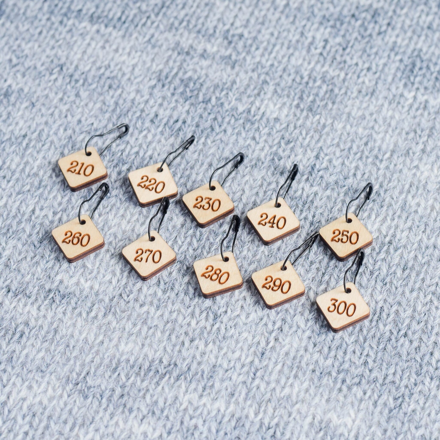 Set of 10 Removable Stitch Markers - 210-300 - Cast On Counting Numbers, Laser Engraved Wood Stitch Markers, Counting Stitch Markers - Birch