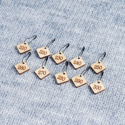 Set of 10 Removable Stitch Markers - 210-300 - Cast On Counting Numbers, Laser Engraved Wood Stitch Markers, Counting Stitch Markers - Birch