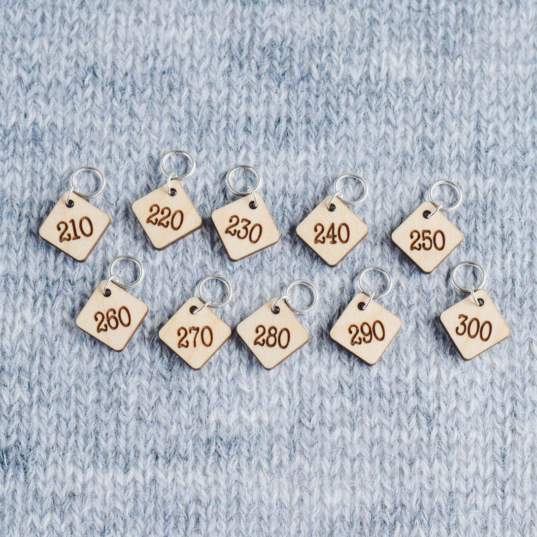 Set of 10 Stitch Markers - 210-300 - Cast On Counting Numbers, Laser Engraved Wood Stitch Markers, Counting Stitch Markers