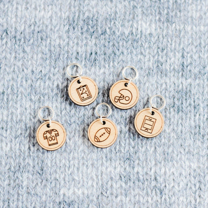 Set of 5 Football Stitch Markers, Fall Football Markers, Laser Engraved Wood Stitch Markers, Sports Stitch Markers