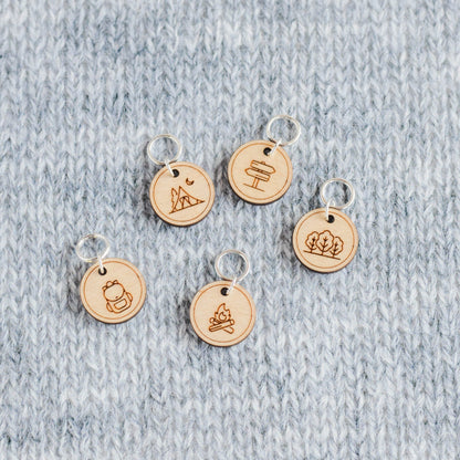 Set of 5 Adventure Stitch Markers, Camping Markers, Laser Engraved Wood Stitch Markers, Hiking Outdoors Stitch Markers