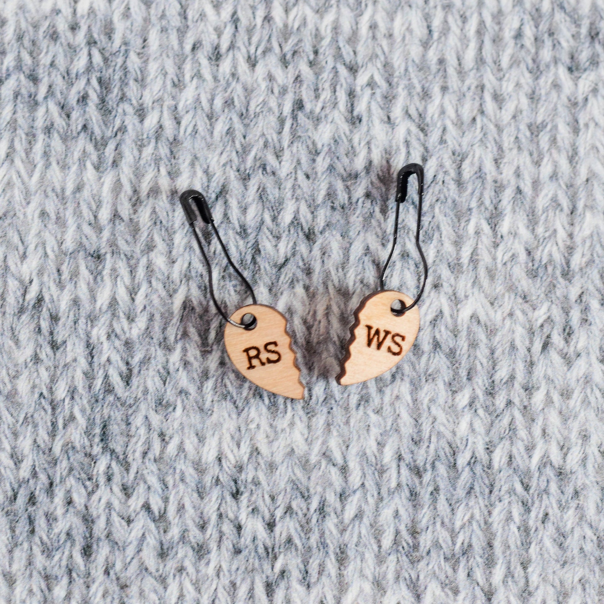 Set of 2 Removable Stitch Markers - RS and WS Broken Heart - Laser Engraved Wood Stitch Markers, Right Wrong Side, Sweater Stitch Markers