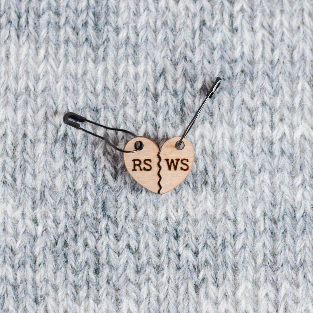 Set of 2 Removable Stitch Markers - RS and WS Broken Heart - Laser Engraved Wood Stitch Markers, Right Wrong Side, Sweater Stitch Markers