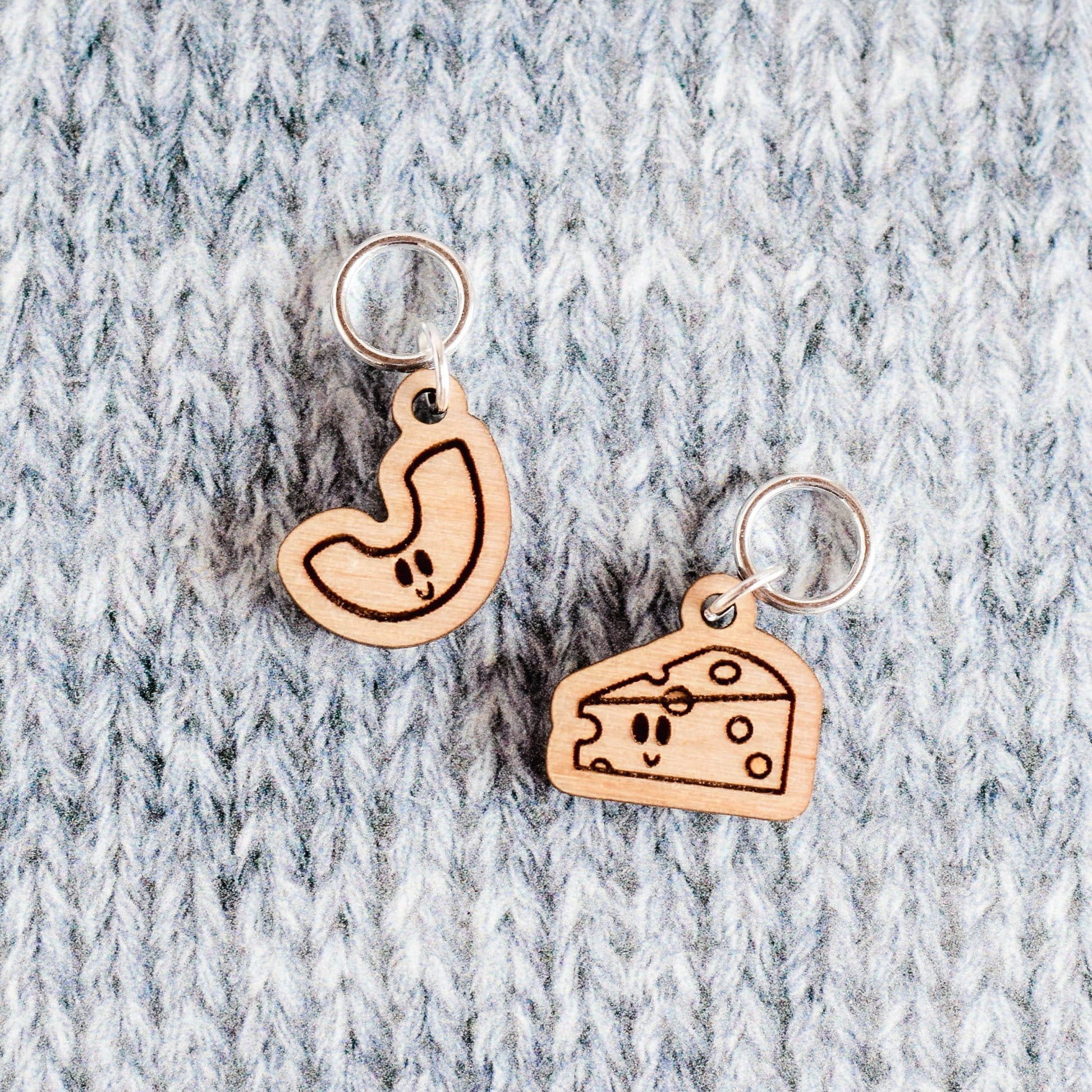 Set of 2 Stitch Markers, Kawaii Macaroni and Cheese, Laser Engraved Wood Stitch Markers