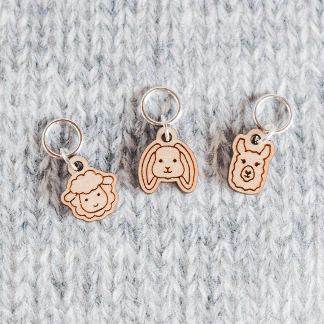 Set of 3 Stitch Markers - Fiber Friends - Llama, Rabbit, Sheep Laser Engraved Wood Stitch Markers, Pet Stitch Markers, Animal