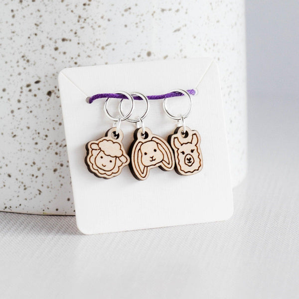 Set of 3 Stitch Markers - Fiber Friends - Llama, Rabbit, Sheep Laser Engraved Wood Stitch Markers, Pet Stitch Markers, Animal