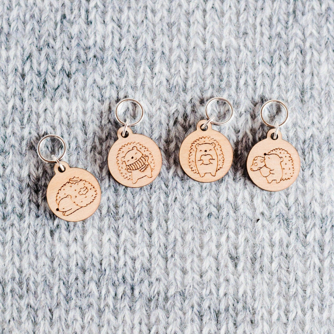 Set of 4 Stitch Markers - Hedgehog - Fall Hedgehog Laser Engraved Wood Stitch Markers, Cute Stitch Markers, Animal