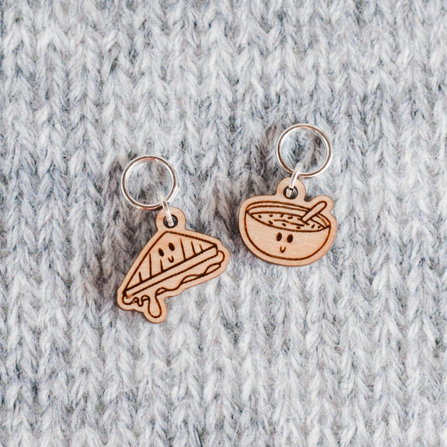 Set of 2 Stitch Markers, Kawaii Grilled Cheese and Soup, Laser Engraved Wood Stitch Markers, Food Markers, Foodie Stitch Markers