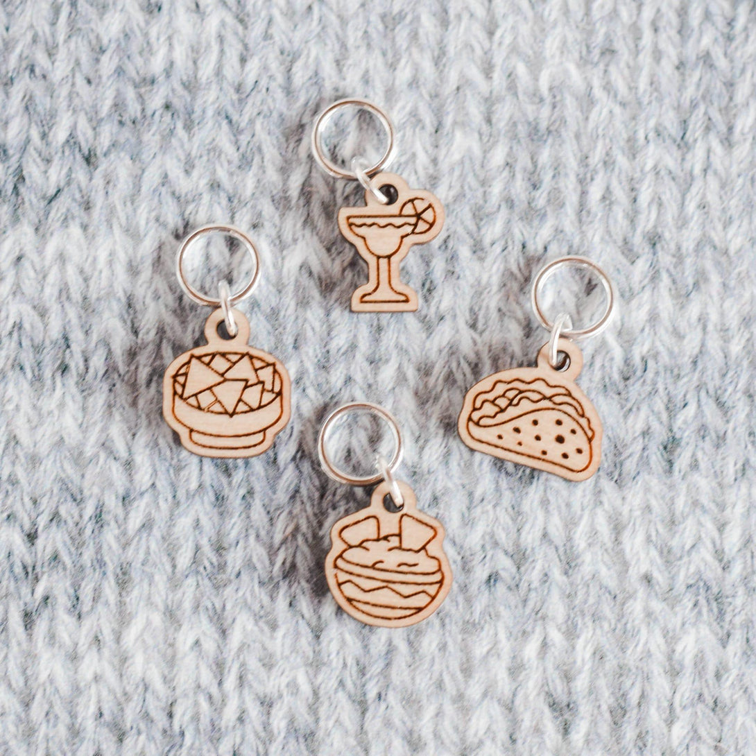 Set of 4 Stitch Markers - Taco Night - Laser Engraved Wood Stitch Markers, Food Markers, Foodie Stitch Markers, Margarita, Nachos