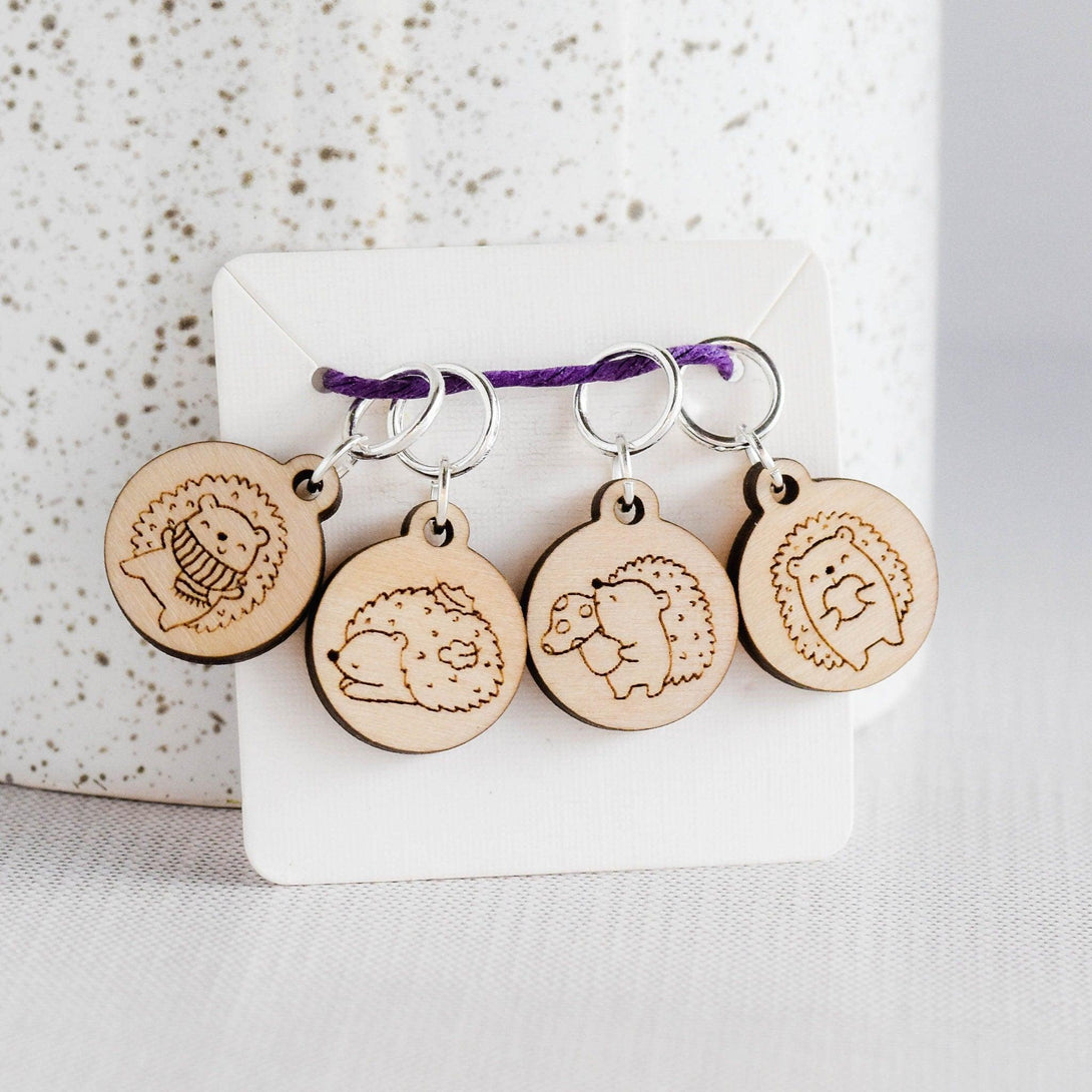 Set of 4 Stitch Markers - Hedgehog - Fall Hedgehog Laser Engraved Wood Stitch Markers, Cute Stitch Markers, Animal