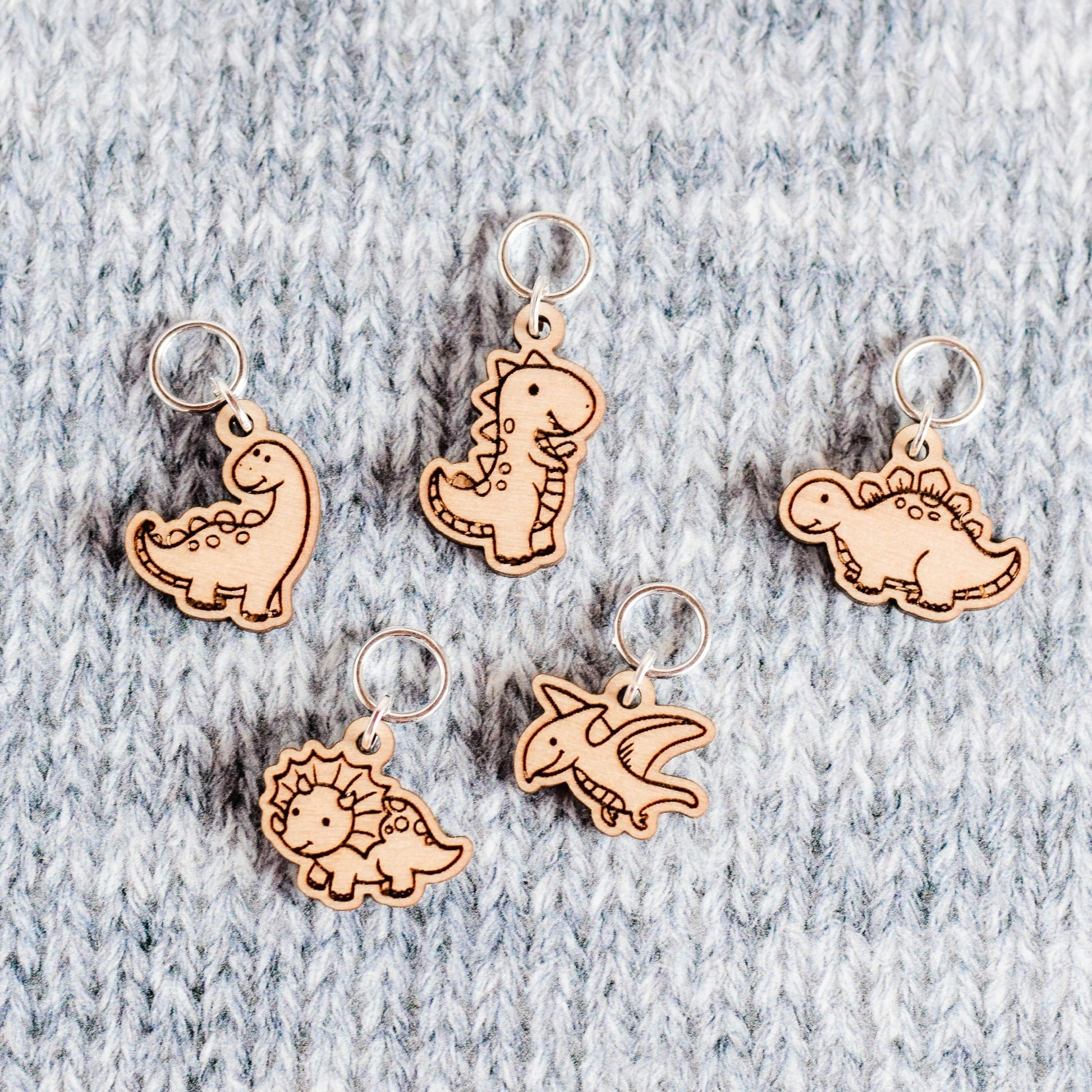 Set of 5 Stitch Markers - Dinosaurs - Laser Engraved Wood Stitch Markers, Dinosaur Stitch Markers, Knitting Markers