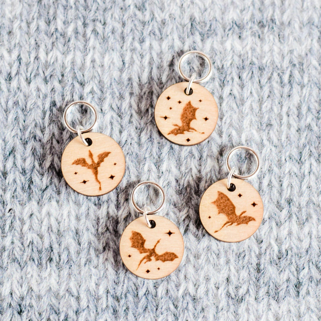 Set of 4 Stitch Markers - Dragons - Fantasy Inspired Laser Engraved Wood Stitch Markers, Dragon Stitch Markers