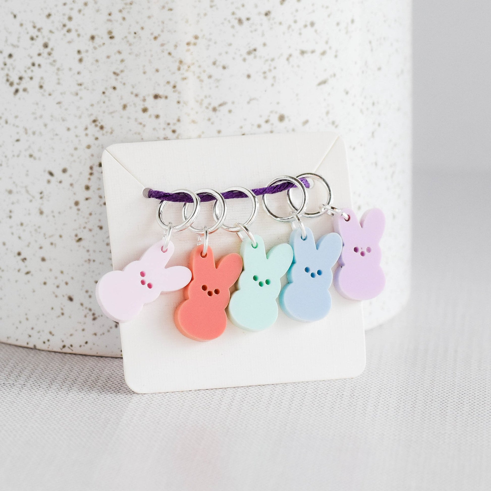 Set of 5 Stitch Markers - Easter Bunnies - Bunny Markers, Laser Engraved Acrylic Stitch Markers, Marshmallow Bunny, Easter Stitch Markers